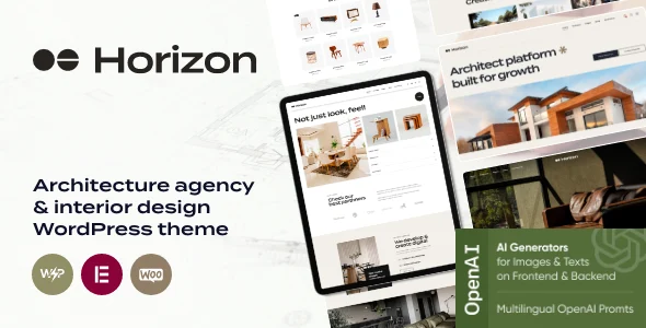Horizon - Interior Design, Architecture & Portfolio WordPress Theme + Store WordPress theme homepage layout for a agency retail website