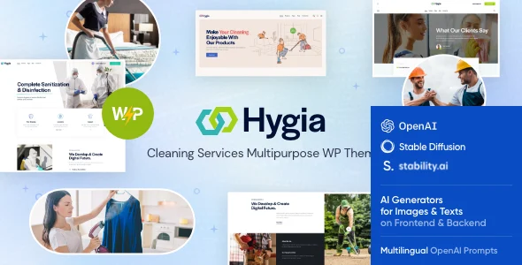 Hygia - Cleaning Company & Laundry Services WordPress Theme + Shop WordPress theme homepage layout for a cleaning retail website