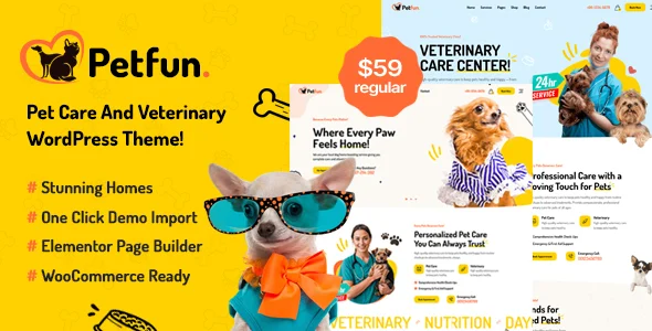 Petfun - Pet Care & Veterinary WordPress Theme WordPress theme homepage layout for a animal care retail website