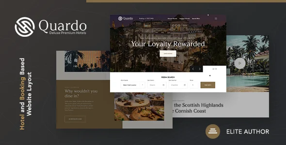 Quardo | Deluxe Hotels WordPress Theme WordPress theme homepage layout for a accommodation retail website