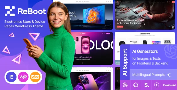Reboot - Electronics Store & Device Repair WordPress Theme WordPress theme homepage layout for a accessories retail website
