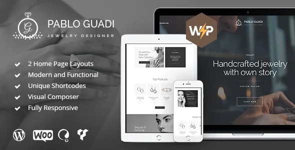 Pablo Guadi - Jewelry Shop, Bijouterie & Gems WordPress Theme WordPress theme homepage layout for a accessories shopping website