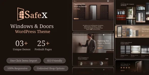 Safex - Windows & Doors WordPress Theme WordPress theme homepage layout for a construction shopping website