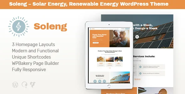 Soleng | Solar Energy WordPress Theme WordPress theme homepage layout for a alternative energy retail website