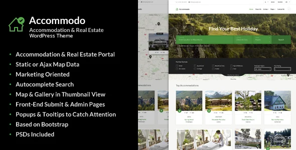 Accommodo - Accommodation Travel WordPress Theme WordPress theme homepage layout for a accommodation travel website