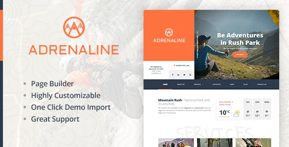 Adrenaline — Outdoor Extreme Sports WordPress Theme WordPress theme homepage layout for a adrenaline travel website