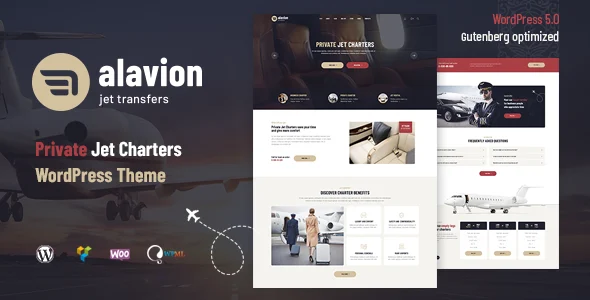 Alavion - Private Jet Charters WordPress Theme WordPress theme homepage layout for a air taxi travel website
