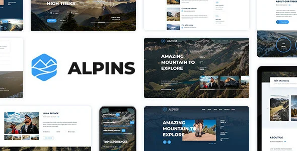 Alpins - Mountain And Hiking Theme WordPress theme homepage layout for a adventure travel website