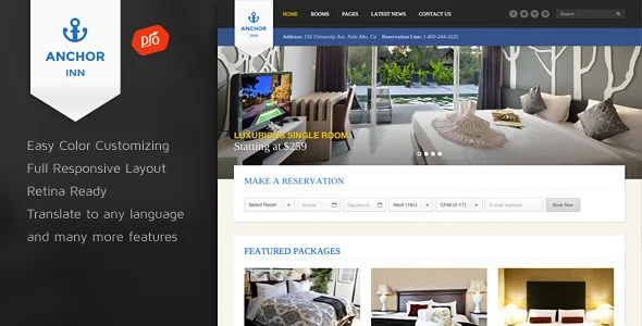 Anchor Inn - Hotel and Resort WordPress Theme WordPress theme homepage layout for a b&b travel website