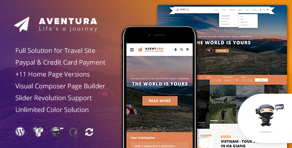 Aventura - Travel & Tour Booking System WordPress Theme WordPress theme homepage layout for a adventure travel website