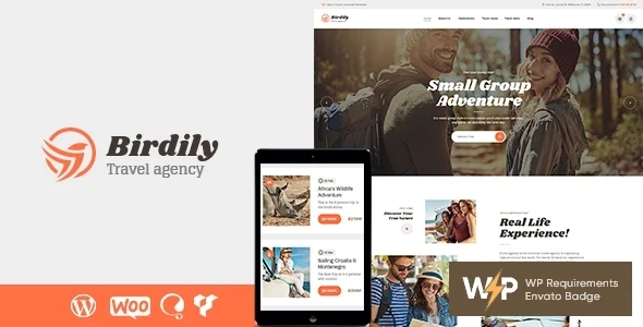 Birdily | Travel Agency & Tour Booking WordPress Theme WordPress theme homepage layout for a booking travel website