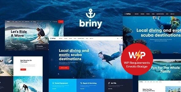 Briny | Scuba Diving & Water Sports WordPress Theme + RTL WordPress theme homepage layout for a beach club travel website