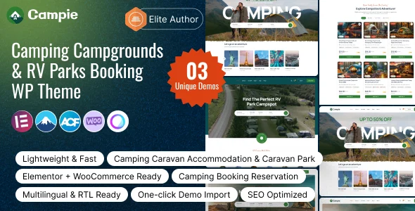 Campie – Camping Campgrounds & RV Parks Booking WordPress Theme WordPress theme homepage layout for a camp reservation wordpress travel website