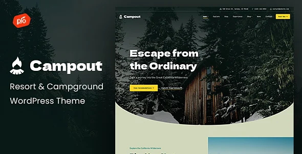Campout - RV Resort & Campground WordPress Theme WordPress theme homepage layout for a adventure travel website