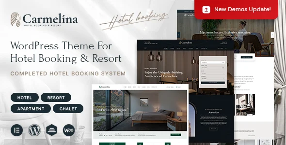 Carmelina - Hotel Booking WordPress Theme WordPress theme homepage layout for a accommodation travel website