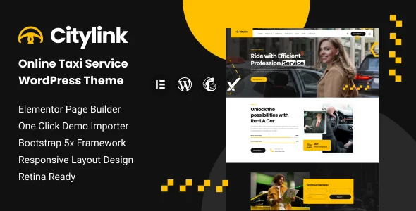 Citylink - Online Taxi Service WordPress Theme WordPress theme homepage layout for a cab travel website