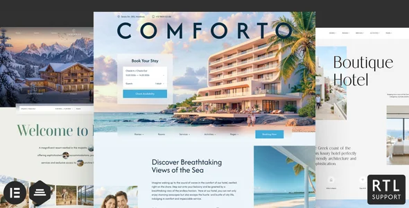 Comforto - Hotel Booking WordPress Theme WordPress theme homepage layout for a accommodation travel website