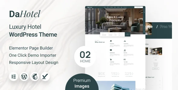 Dahotel - Luxury Hotel WordPress Theme WordPress theme homepage layout for a accommodation travel website