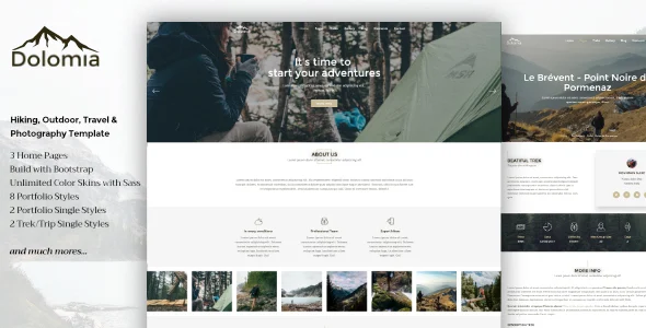 Dolomia - Hiking, Outdoor, Mountain Guide WordPress Theme WordPress theme homepage layout for a adventure travel website