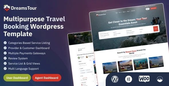 Dreams Tour - Tour & Travel Booking, Holiday Package WordPress Theme WordPress theme homepage layout for a adventure tours travel website