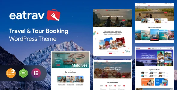 Eatrav – Travel & Tour Booking WordPress Theme WordPress theme homepage layout for a adventure tours travel website