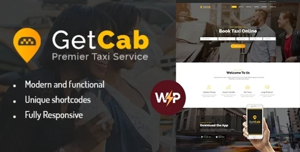 GetCab | Taxi Service, Limousine & Transportation WordPress Theme WordPress theme homepage layout for a app travel website