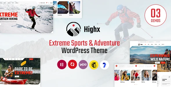 Highx - Extreme Sports and Adventure WordPress Theme WordPress theme homepage layout for a adventure travel travel website