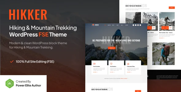 Hikker – Hiking & Mountain Trekking Gutenverse FSE WordPress Block Theme WordPress theme homepage layout for a accommodation travel website