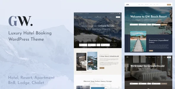 Hotel Booking WordPress - Grindelwald WordPress theme homepage layout for a accommodation travel website