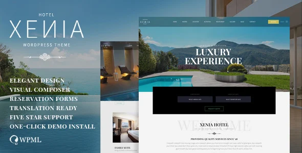 Hotel Xenia - Resort & Booking WordPress Theme WordPress theme homepage layout for a accomodation travel website