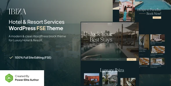 Ibiza – Luxury Hotel & Resort Gutenverse FSE WordPress Block Theme WordPress theme homepage layout for a accommodation travel website