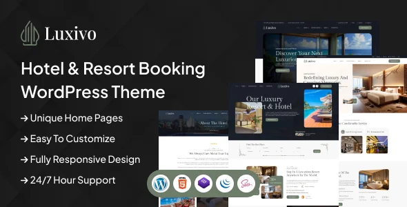 Luxivo - Hotel & Resort Booking WordPress Theme WordPress theme homepage layout for a apartment travel website