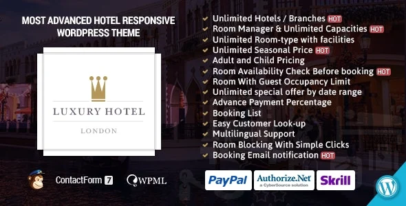 Luxury | Online Hotel Booking Reservation Theme WordPress theme homepage layout for a accommodation travel website