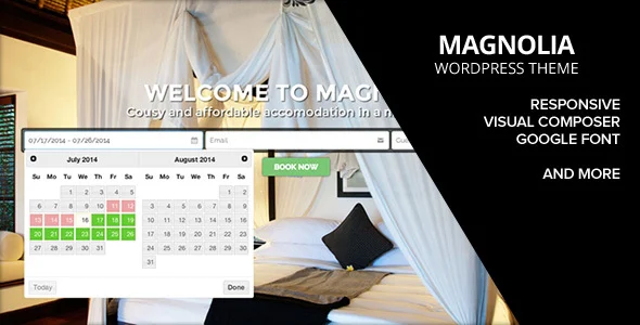 MAGNOLIA - Hotel Booking WordPress Theme WordPress theme homepage layout for a accommodation travel website