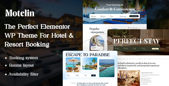 Motelin - Hotel & Resort Booking Elementor WordPress Theme WordPress theme homepage layout for a accommodation travel website