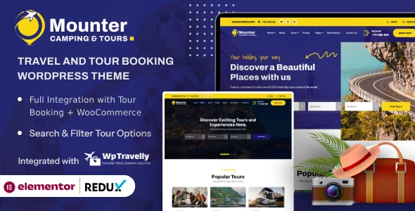 Mounter - Camping, Travel & Tour Booking WordPress Theme WordPress theme homepage layout for a adventure travel website