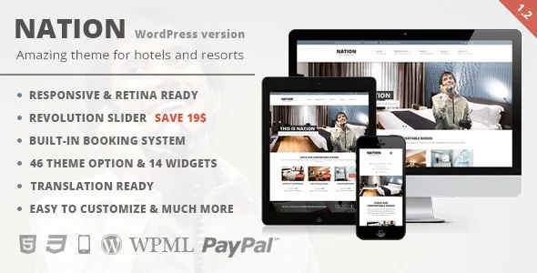 Nation Hotel - Responsive WordPress Theme WordPress theme homepage layout for a accommodation travel website
