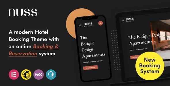 Nuss - Hotel Booking WordPress WordPress theme homepage layout for a accommodation travel website