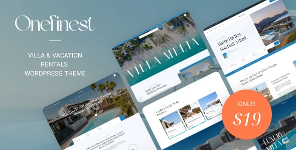 Onefinest - Villa & Vacation Rentals WordPress Theme WordPress theme homepage layout for a accommodation travel website