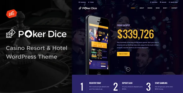 Poker Dice - Casino Resort & Hotel WordPress Theme WordPress theme homepage layout for a casino travel website