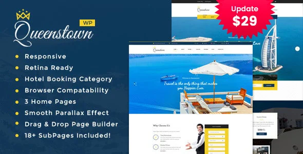 QueensTown : Resort and Hotel WordPress Theme WordPress theme homepage layout for a booking travel website