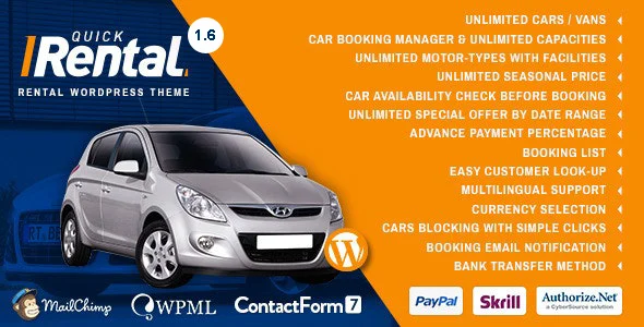 Quick Rental - Vehicles Booking WordPress  Theme WordPress theme homepage layout for a auto travel website