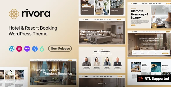 Rivora - Hotel Booking Elementor WordPress Theme WordPress theme homepage layout for a accommodation travel website