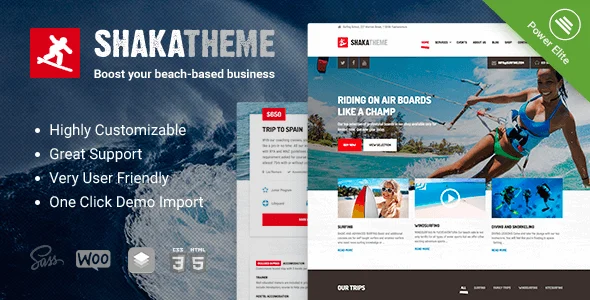 Shaka — A Watersports WordPress Theme WordPress theme homepage layout for a beach travel website