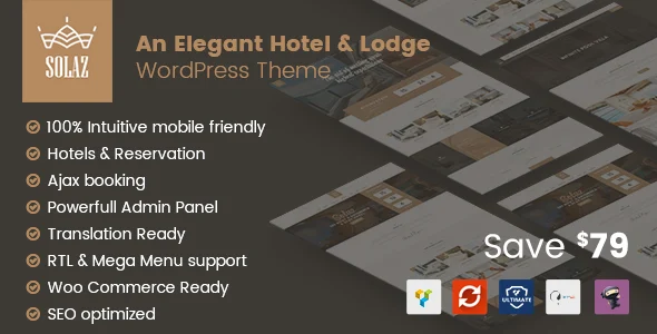 Solaz - An Elegant Hotel & Lodge WordPress Theme WordPress theme homepage layout for a booking travel website
