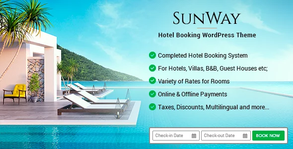 Sunway - Hotel Booking WordPress Theme WordPress theme homepage layout for a accommodation travel website