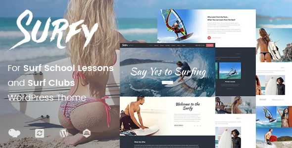 Surfy - Surfing and Water Sports WordPress Theme WordPress theme homepage layout for a ocean surf travel website
