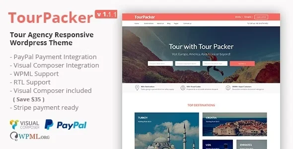 Tour Packer - Agency WordPress Theme WordPress theme homepage layout for a booking travel website