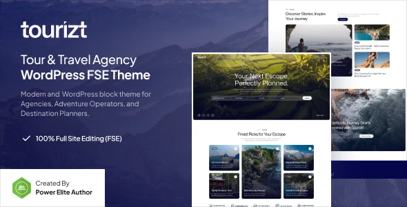 Tourizt – Tour & Travel Agency Gutenverse FSE WordPress Block Theme WordPress theme homepage layout for a activities travel website