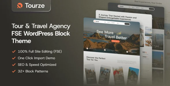 Tourze – Tour & Travel Agency Gutenverse FSE WordPress Block Theme WordPress theme homepage layout for a activities travel website